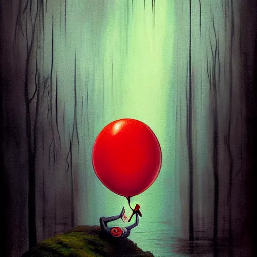 Image similar to grunge painting of a waterfall with a wide smile and a red balloon by chris leib, loony toons style, pennywise style, corpse bride style, creepy lighting, horror theme, detailed, elegant, intricate, conceptual, volumetric light