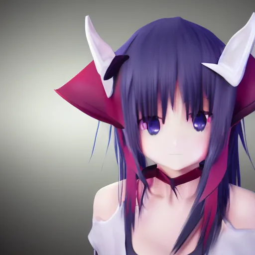 Image similar to anime girl, 3 d rendered, red eyes, white haired, horn on head, cute