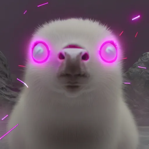 Prompt: white mink with nimbus of pink bacteria around the neck, unreal engine, starring at camera, matte background, high symmetry, 8k