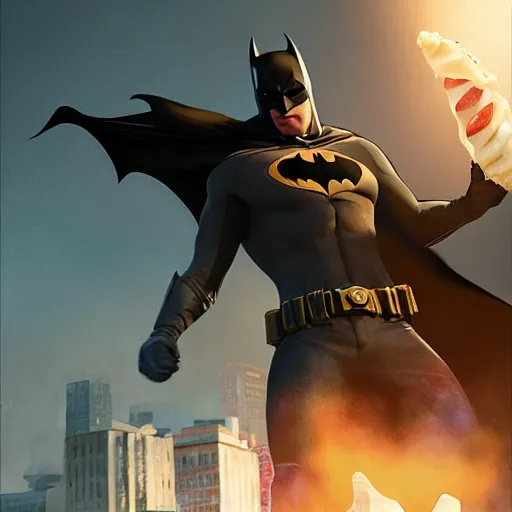 Image similar to batman eating a hotdog,digital art,ultra detailed,realistic, art by greg rutkowski,unreal engine 5,ray tracing,rtx