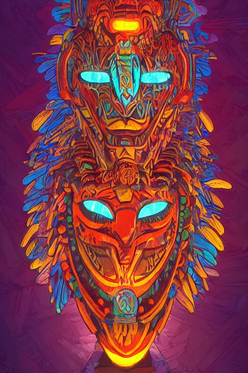 Image similar to totem animal tribal chaman vodoo mask feather gemstone plant wood rock video game illustration vivid color borderlands by josan gonzales and dan mumford radiating a glowing aura global illumination ray tracing