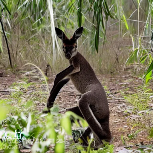 Prompt: photograph of a black Kangaroo spying in a dense jungle, military kangaroo, machine gun