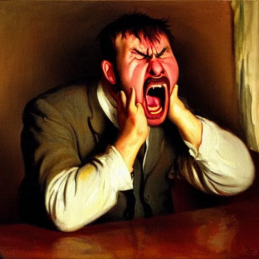 Image similar to an angry man yells at his computer monitor, oil on canvas, 1 9 0 1