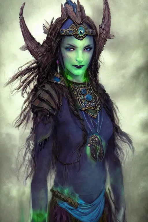 Image similar to Beautiful Young Female Shaman, shamanistic dark blue clothes, covered!, metal garments, dark brown skin, green supernatural eyes, back view, full body, extremely detailed!, high fantasy, matte painting, warcraft, by Rossdraws, James Jean, gerald brom, Andrey Ryabovichev, Mark Simonetti and Peter Morbacher, trending in artstation, artstationHD, artstationHQ, cgsociety, octane, 16K HD