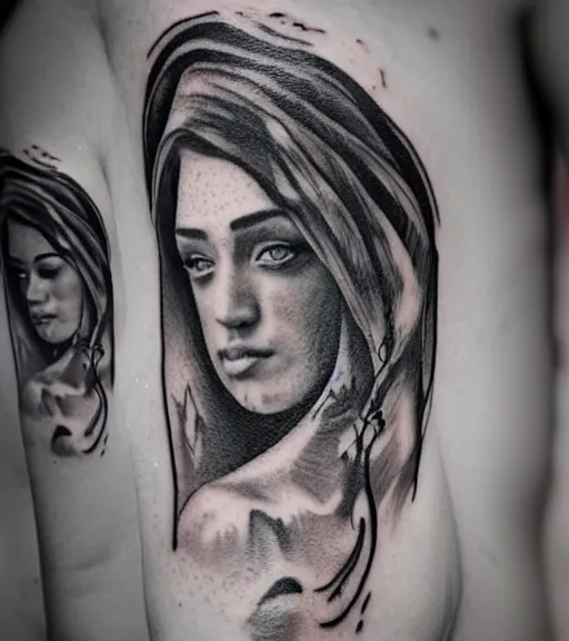 Prompt: tattoo design sketch of a beautiful woman face against a background of lago di sorapis, hyper - realistic, in the style of den yakovlev, amazing detail, black and white