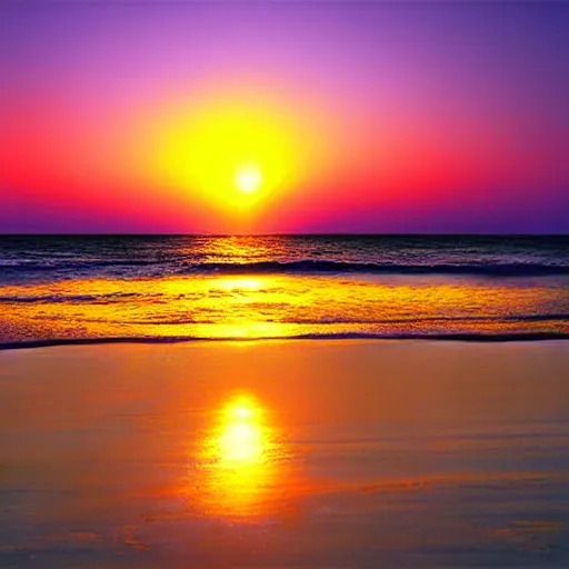 Prompt: vibrant beach yellow purple horizon sunset digital art