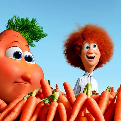 Image similar to carrot top with photorealistic carrot head!!!!, pixar character, stage background, pixar, 3 d,