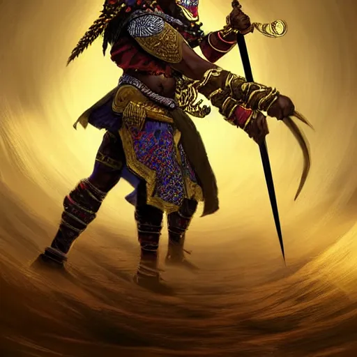 Image similar to a young black boy dressed like an african moorish warrior in gold armor and a crown with a ruby, charging through a dragons lair, for honor character digital illustration portrait design, by adi granov, dramatic lighting, wide angle dynamic action shot