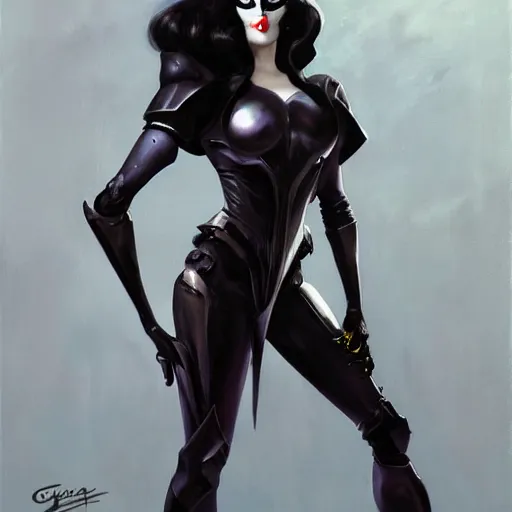 Prompt: greg manchess portrait painting of armored morticia from addams family as overwatch character, medium shot, asymmetrical, profile picture, organic painting, sunny day, matte painting, bold shapes, hard edges, street art, trending on artstation, by huang guangjian and gil elvgren and greg rutkowski