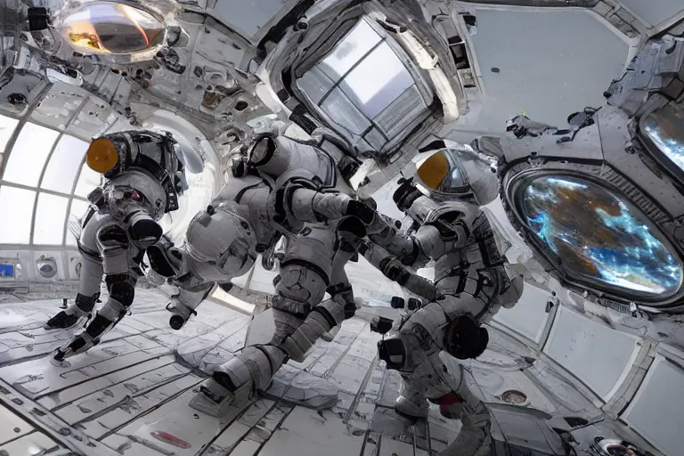 Prompt: photograph of sci-fi armored cosplay combat in space-station arena by Roger Deakins
