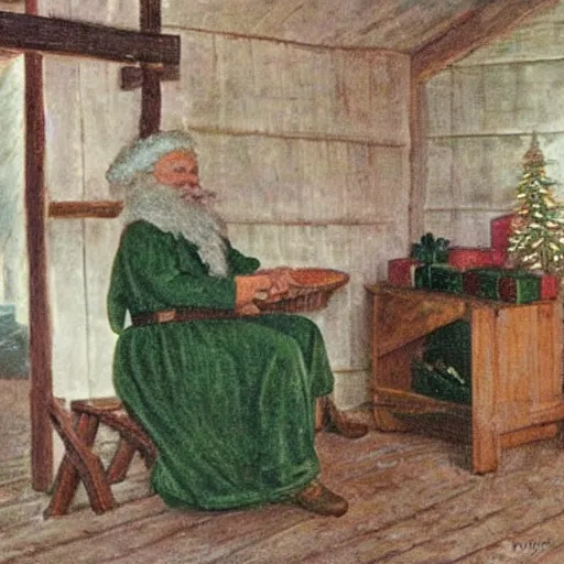 Prompt: santa sitting down on a chair in a barn. hay on the floor. santa is wearing dark green, in the style of fanny brate