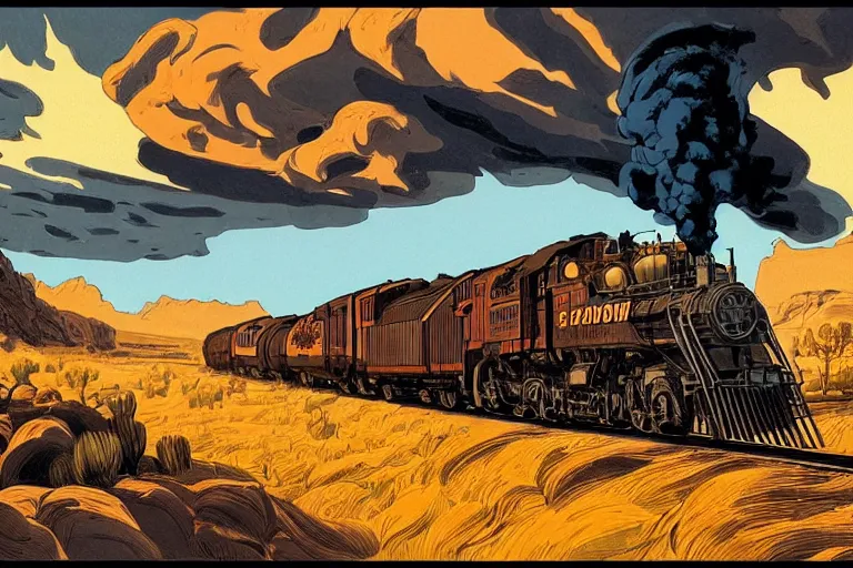 Image similar to old western freight train illustration by joe fenton and syd mead and p. craig russell and barry windsor - smith, artstation, 4 k, graphic novel, concept art, matte painting, steam engine spewing billowy white clouds of steam, beautiful idyllic mountain desert sunset background, golden hour, art nouveau