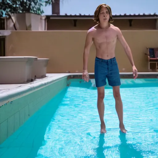 Image similar to cole sprouse standing on a diving board over a pool, red weapon 8 k s 3 5, cooke anamorphic / i lenses, highly detailed, cinematic lighting