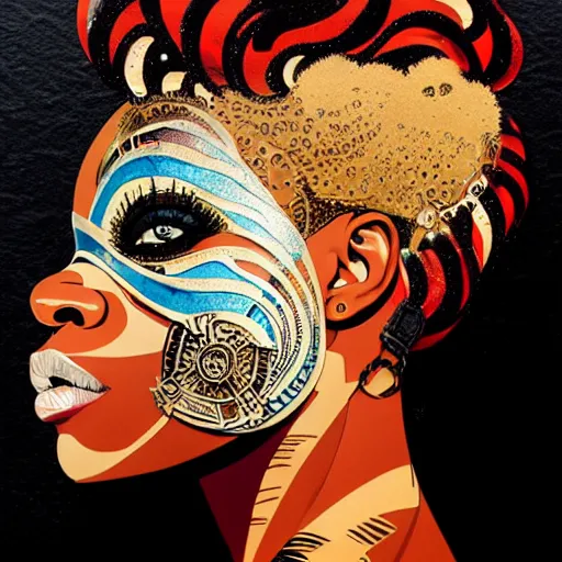 Image similar to side profile of a black woman :: in ocean :: clockwork details :: gold :: blood and horror :: by vikings and Sandra Chevrier