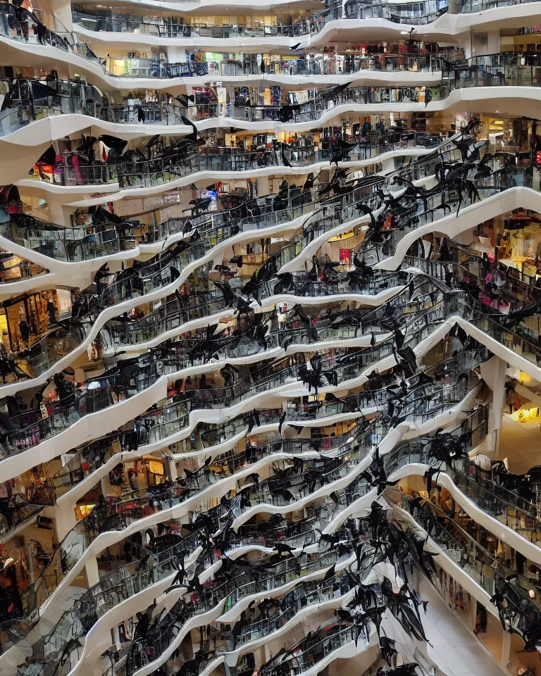 Prompt: the inside of a many-layered shopping mall, bustling with crows, eight floors