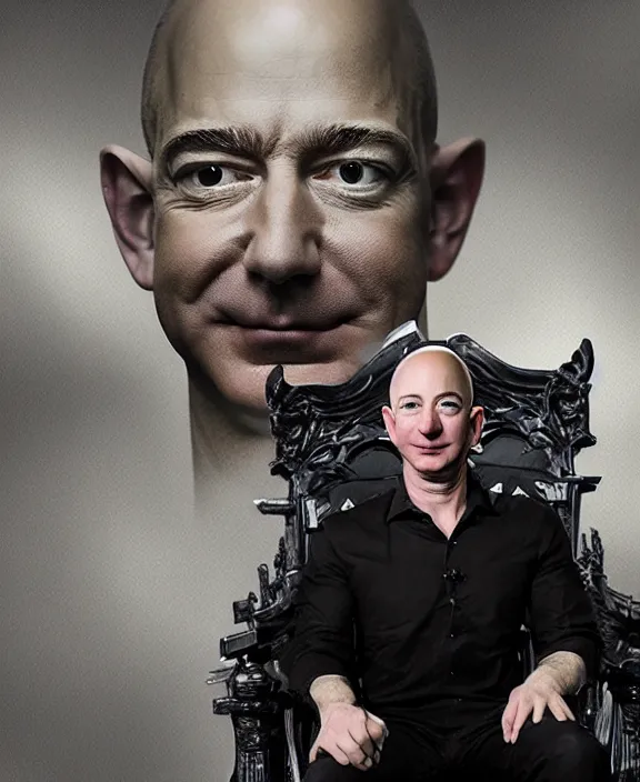 Image similar to a grimdark fantasy concept art portrait of jeff bezos sitting on a dark and evil throne