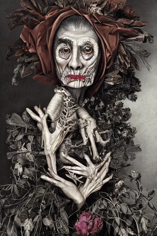 Image similar to Detailed maximalist portrait of a beautiful old woman with large lips and eyes, scared expression, botanical skeletal with extra flesh, HD mixed media, 3D collage, highly detailed and intricate, surreal illustration in the style of Caravaggio, dark art, baroque, centred in image