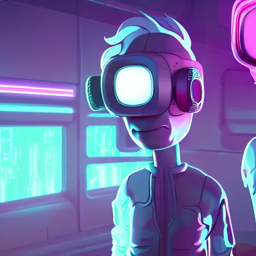 Image similar to cyberpunk rick and morty bot, cinema 4 d, galaxy space sci - fi, wearing vr goggles, illustration, portrait, pastel neon textured background night, trending on artstation, greg rutkowski, octane rendered, 1 2 k, detailed,