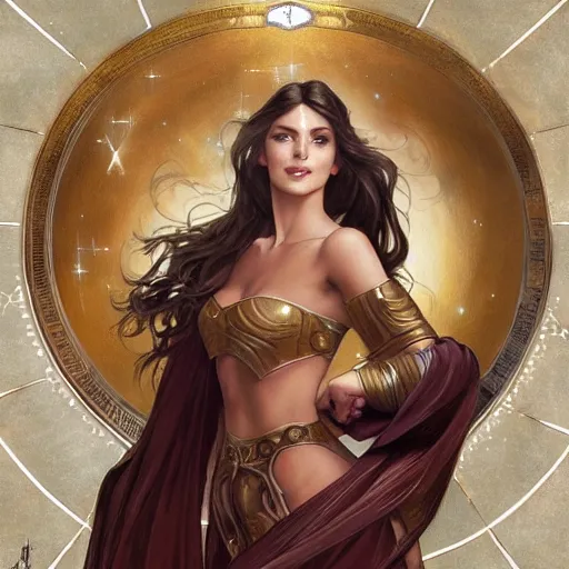 Image similar to beautiful celestial mage, sparkling eyes, stars in her eyes, shining eyes, grinning, elegant, enticing, sharp features, brown flowing hair, traditional roman armor, highly detailed, digital painting, artstation, concept art, smooth, sharp focus, beautiful face, expressive eyes, illustration, art by Artgerm and greg rutkowski and alphonse mucha