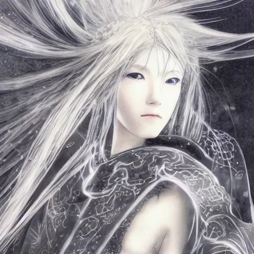 Prompt: Yoshitaka Amano blurred and dreamy illustration of an anime girl with a wavy white hair and cracks on her face wearing elden ring armour with the cape fluttering in the wind, abstract black and white patterns on the background, noisy film grain effect, highly detailed, Renaissance oil painting, weird portrait angle