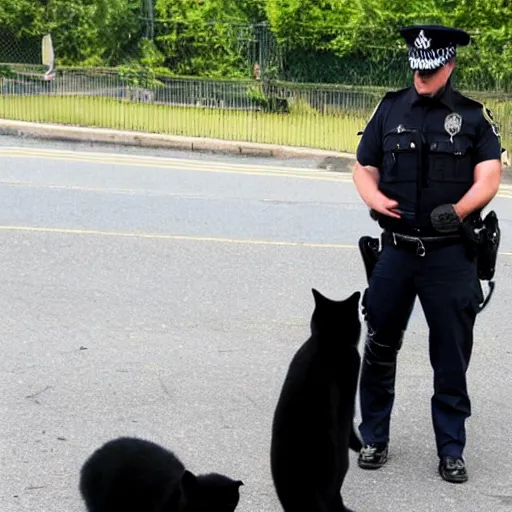 Prompt: A black cat being arrested by the police, with handcuffs being put on his paws