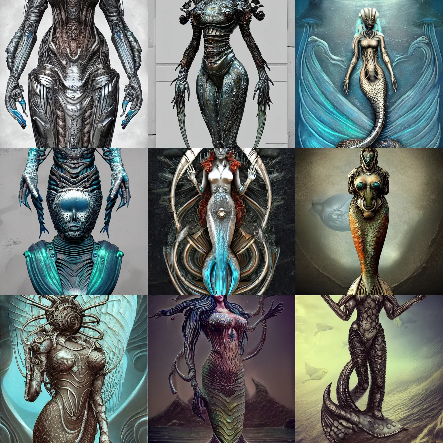 Prompt: mermaid n ancient alien autemn flora and fauna ocean sci-fi armor with ancient art-deco decor, giger style, stylized, highly detailed, trending on artstation, award winning