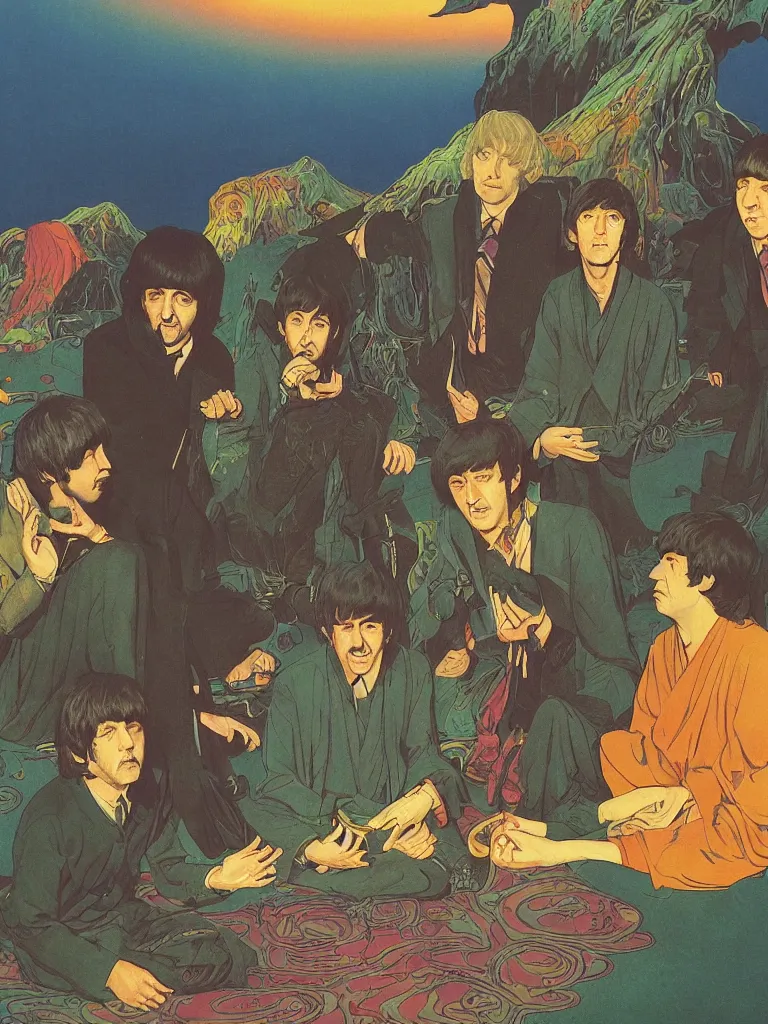 Image similar to an image of the beatles as a characters from the lord of the rings, taking mind altering drugs, a blotter paper of lsd acid and dreaming psychedelic hallucinations in the vast mordor landscape, by kawase hasui, moebius, edward hopper, colorful flat surreal design, dramatic lighting, hd, 8 k, artstation