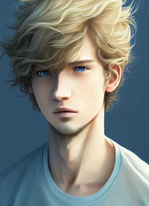 Image similar to young man with medium - length, curly, golden hair, perfectly proportioned face, aquamarine eyes, cry, natural lighting, path traced, highly detailed, high quality, cartoon, digital painting, by new haicheng and studio ghibli