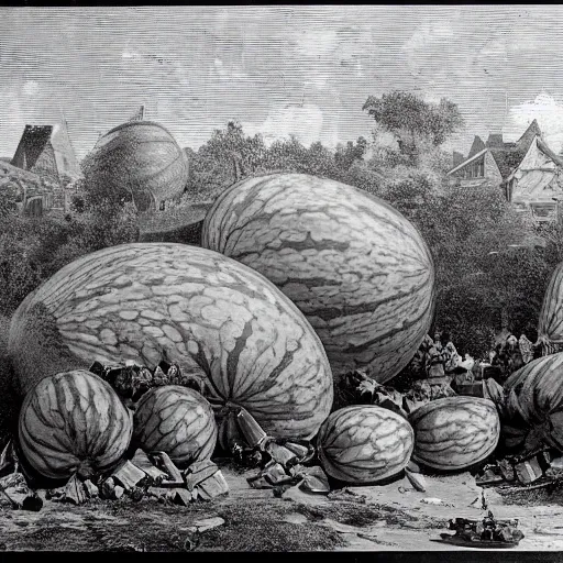 Prompt: The giant watermelon rampaged through the town, leaving a path of destruction in its wake. The townspeople were terrified. They had no idea how to stop the giant fruit.