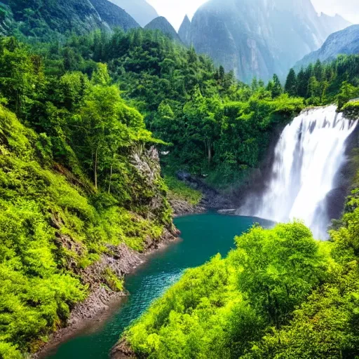 Prompt: a stunning natural landscape, with mountains, forests and a waterfall