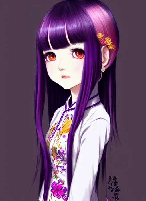 Image similar to full body illustration of an ulzzang korean girl purple hair with hime cut bangs, head slightly tilted, wearing an ornate cheongsam, ilya kuvshinov, anime, pixiv top monthly, trending on artstation, cinematic, danbooru, zerochan art, kyoto animation