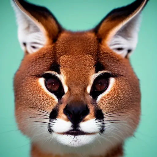 Image similar to A delicious steamed bun in the shape of cute caracal. Studio lighting, High resolution, high quality, dark background