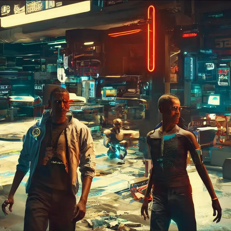 Image similar to barack obama as a cyborg in cyberpunk 2 0 7 7, technological, movie footage, high - tech, still frame