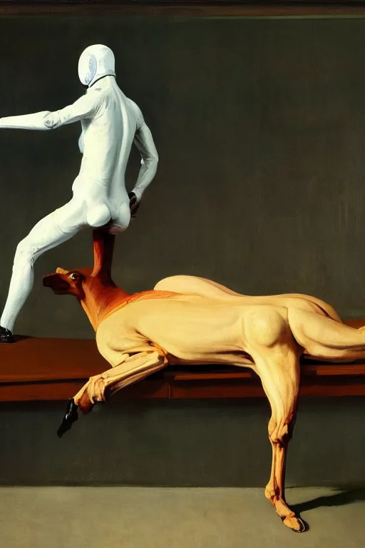 Image similar to fetish game dominantrius dressed as a horse sits on the back of a man dressed as an astronaut, highly detailed painting by francis bacon, edward hopper, adrian ghenie, gerhard richter, and james jean soft light 4 k,