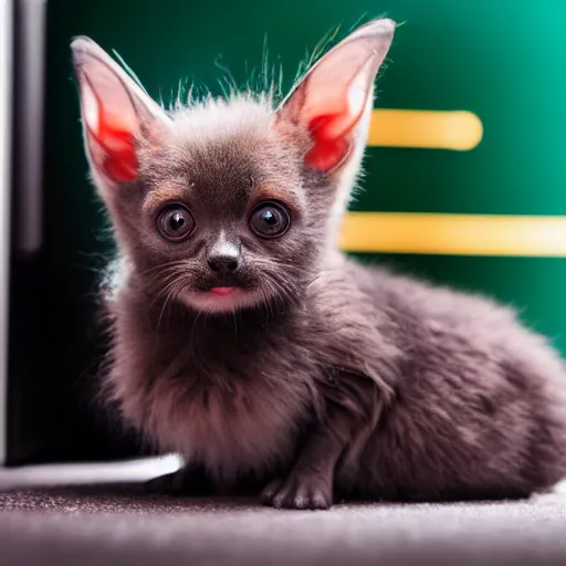 Image similar to a bat kitten, sitting in front of a fridge, photo taken by a nikon, very detailed, 4k