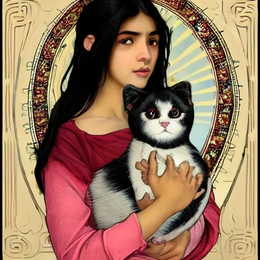 Image similar to cute emo peruvian woman, with long dark hair, thick eyebrows!!! dark eyes and dark circles!, wide nose!!!, big eyes, oval face shape, big cheeks!, she is holding a cat in her arms, by juan villafuerte, greg rutkowski and alphonse mucha, pexels contest winner, high quality photo, hd rtx