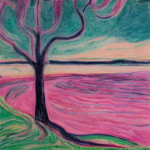 Prompt: Pink tree beside a large lake, landscape in the style of Edvard Munch