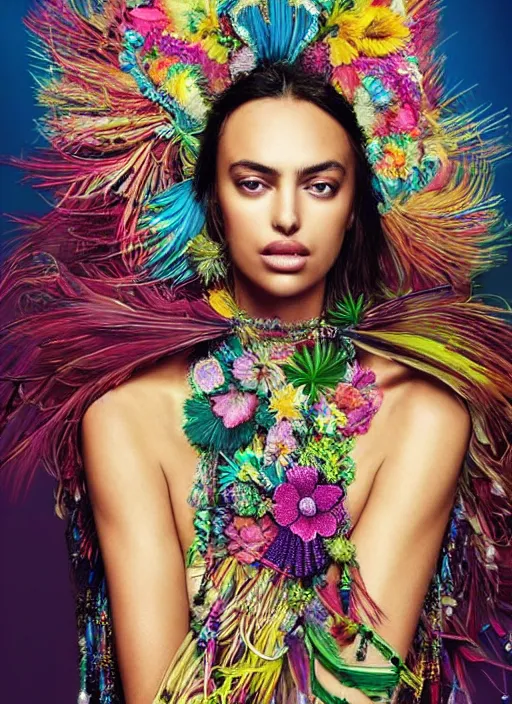 Image similar to beautiful portrait of Irina Shayk wearing fantastic dress,embellished beaded feather decorative fringe knots ,colorful pigtail,subtropical flowers and plants,perfect symmetrica body shape,symmetrical face,intricate,elegant,highly detailed,8k,post-processing,digital painting,harper's bazaar,trending on pinterest,concept art, sharp focus, illustration, by artgerm,Tom Bagshaw,Lawrence Alma-Tadema,greg rutkowski,golden ratio