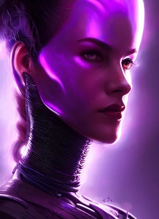 Image similar to top down lighting, extreme close up, stunning portrait of a woman in purple leather future armor with a long black ponytail, purple eyes, glowing with void energy, spaceship hallway, intricate, harsh red lighting, highly detailed, digital painting, artstation, concept art, smooth, sharp focus, illustration, art by wlop, mars ravelo and greg rutkowski