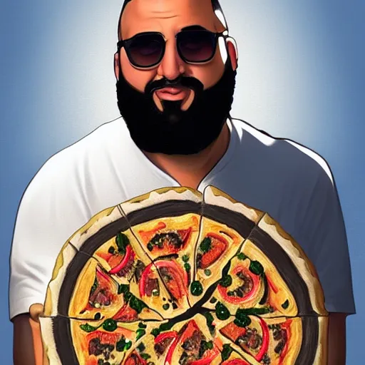 Prompt: portrait of DJ Khaled with groucho marx hairstyle holding a huge pizza as a Grand Theft Auto Cover, elegant, intricate, headshot, highly detailed, digital painting, artstation, concept art, sharp focus, illustration, art by artgerm and greg rutkowski and alphonse mucha