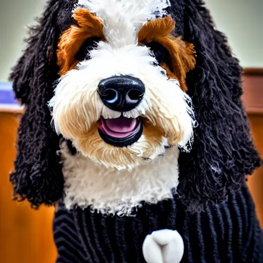 Image similar to a closeup photorealistic photograph of a cute smiling knitted bernedoodle judge dog dressed in a black gown, presiding over the courthouse. indoors, professional capture, well lit shot. this 4 k hd image is trending on artstation, featured on behance, well - rendered, extra crisp, features intricate detail, epic composition and the style of unreal engine.