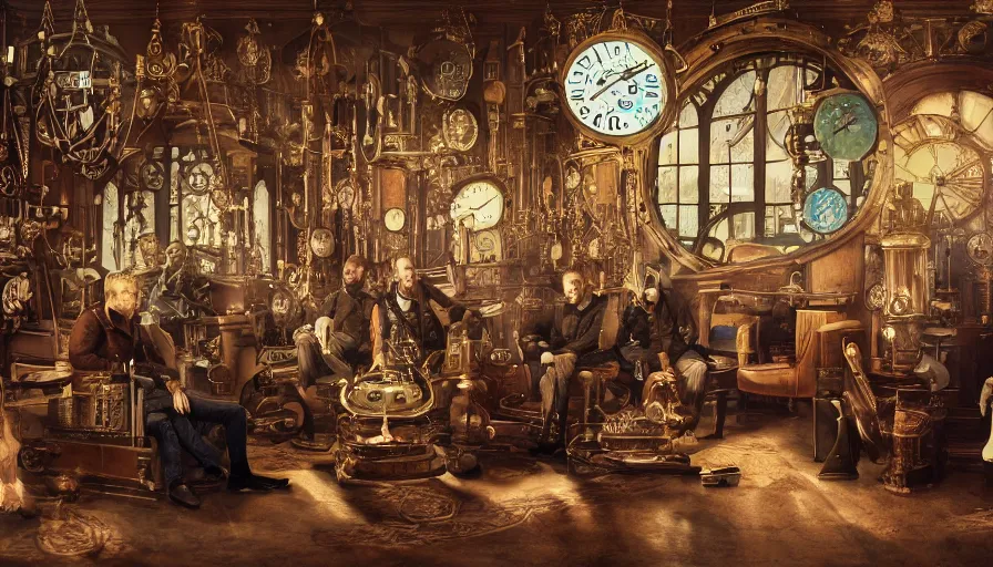 Image similar to coldplay in a circular common room full of antique clocks, high detail, steampunk, fantasy, mechanical, 4 k, trending on artstation