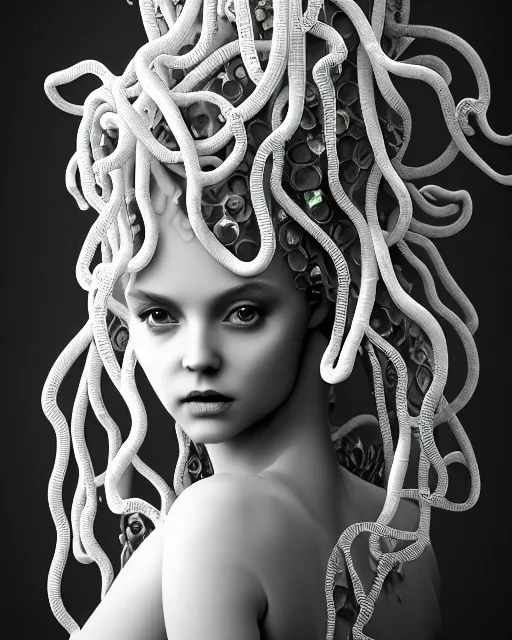 Image similar to mythical dreamy underwater artistic black and white 3 d render of a translucent beautiful young female angelic - medusa - vegetal - doll, highly detailed, intricate crystal ivy jelly ornate, poetic, translucent algae ornate, digital art, octane render, 8 k artistic photography, photo - realistic, hg giger flora borsi