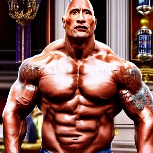 Image similar to Dwayne Johnson flexing his muscels in front of the queen of england in a bar, full body, photorealistic, 4k