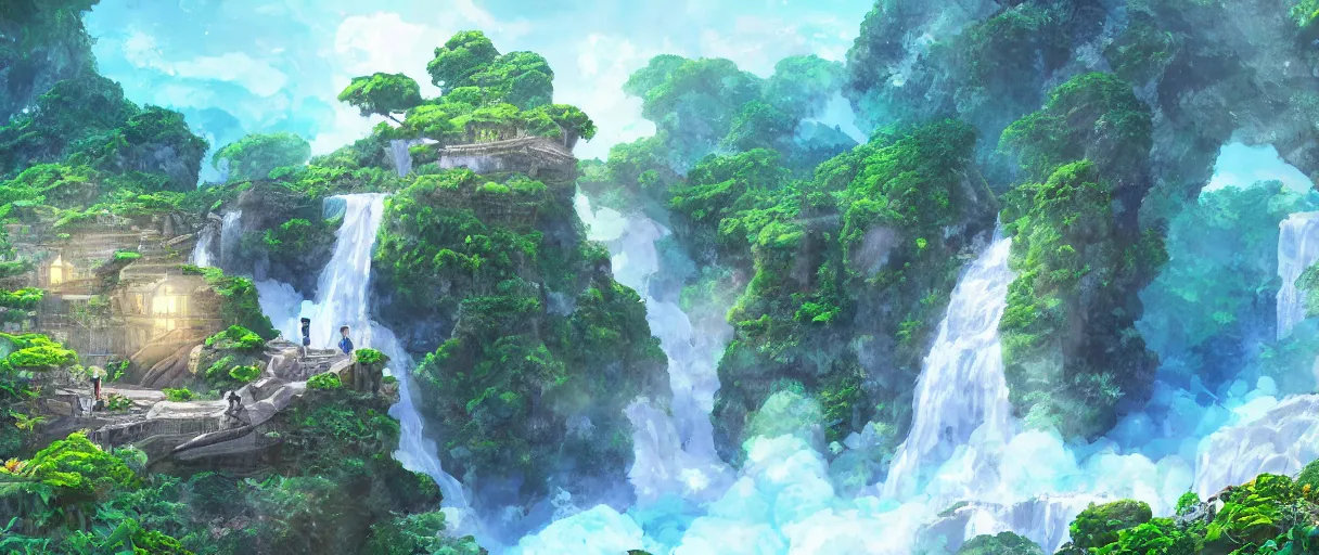 Image similar to a small crumbling island with waterfalls flowing off the island, floating in space, studio ghibli, digital art, detailed, depth of field