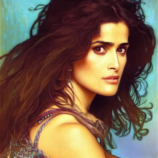 Image similar to salma hayek medium shot portrait by alphonse mucha, perfect proportions, beautiful face, perfect detailed eyes, vivid colrs, elegant, sharp focus, hyper - realistic, 4 k, unreal engine, highly detailed, hd, dramatic lighting by brom