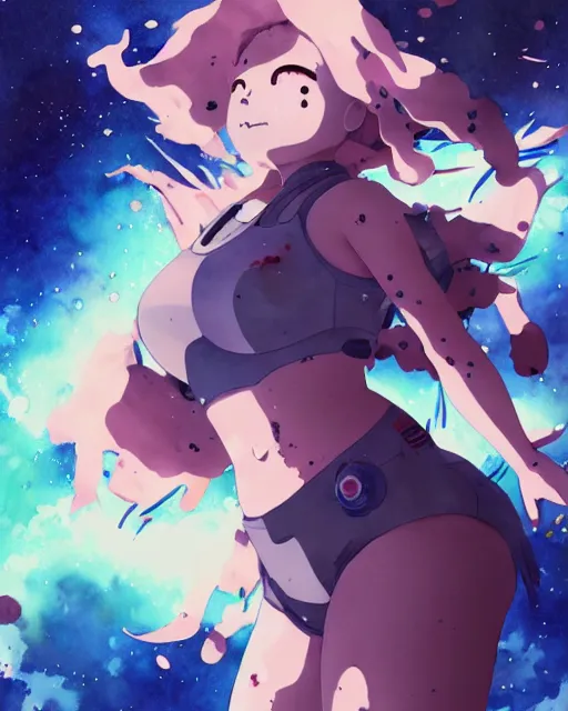 Prompt: oriental water color of a cute thicc damaged zombie astronaut woman, floating through space, backlit, by makoto shinkai and krenz cushart