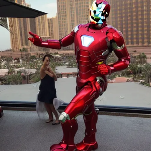 Prompt: Danny DeVito as Ironman at the Mandalay Bay rooftop lounge