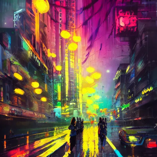 Prompt: acrylic painting, impressionism and expressionism, strong emotional impact, bold pastel colors, expressive brushstrokes, overall sense of movement in the composition. an art deco cyberpunk streetscape lined with beautiful flowers, by liam wong and tyler edlin, trending on artstation