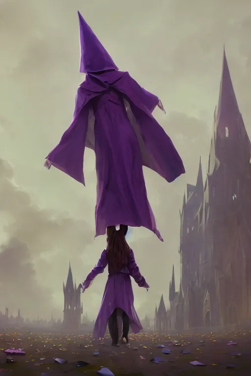 Prompt: Young beautiful short woman in purple witch robes and pointy hat at a crowded magical university, full body shot unreal engine hyperreallistic render 8k character concept art masterpiece digital art by Greg Rutkowski, Simon Stalenhag, trending on Artstation, CGSociety